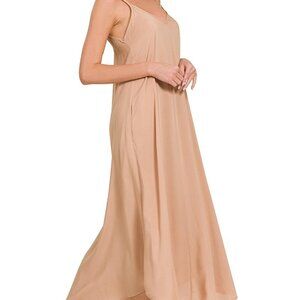 Zenana Pretty Brush Color Rayon Woven Arc Hem Cami Strap Flowy Pocket Sun Dress